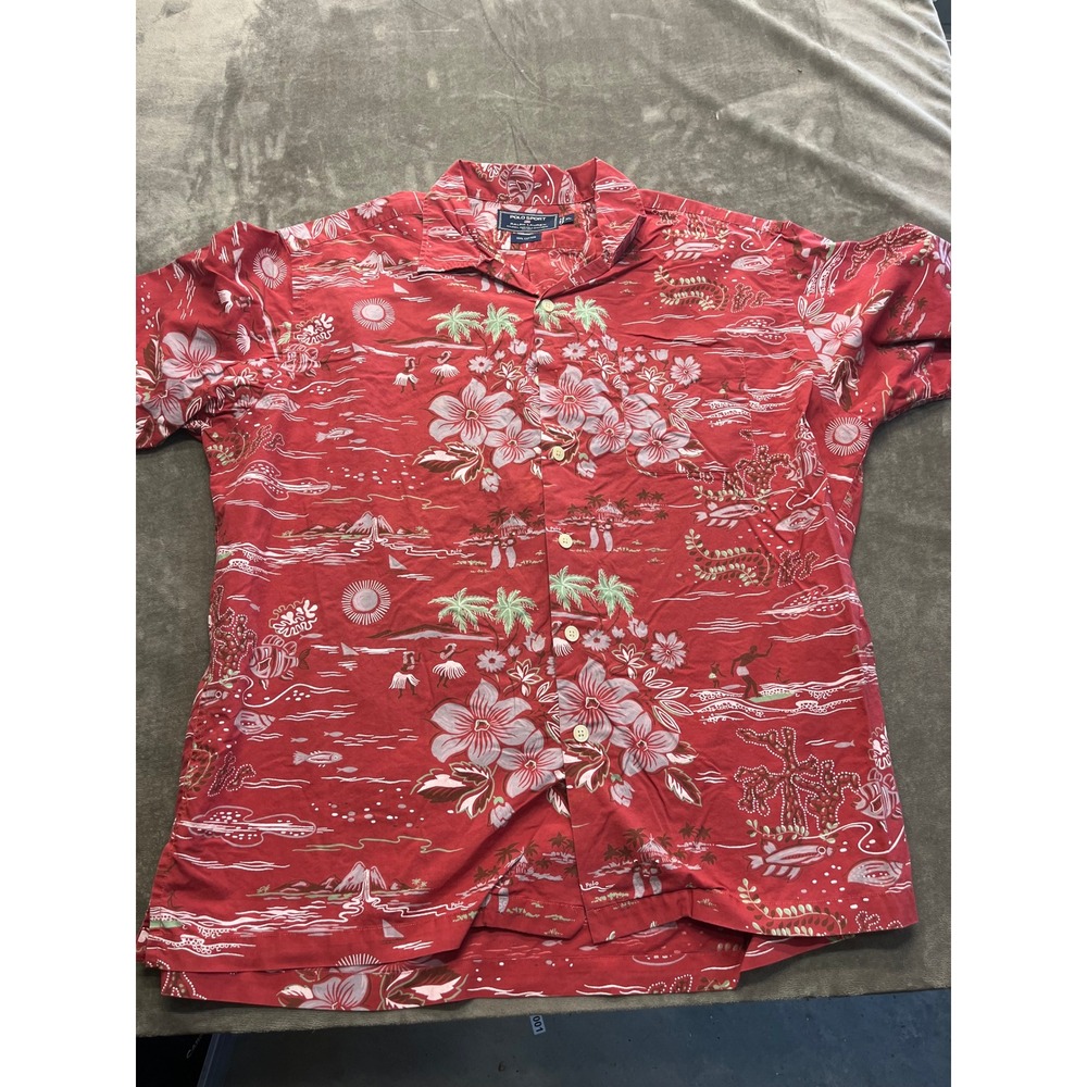 Polo Sport Ralph Lauren Red Tropical Hibiscus Island Print Cotton Shirt XL